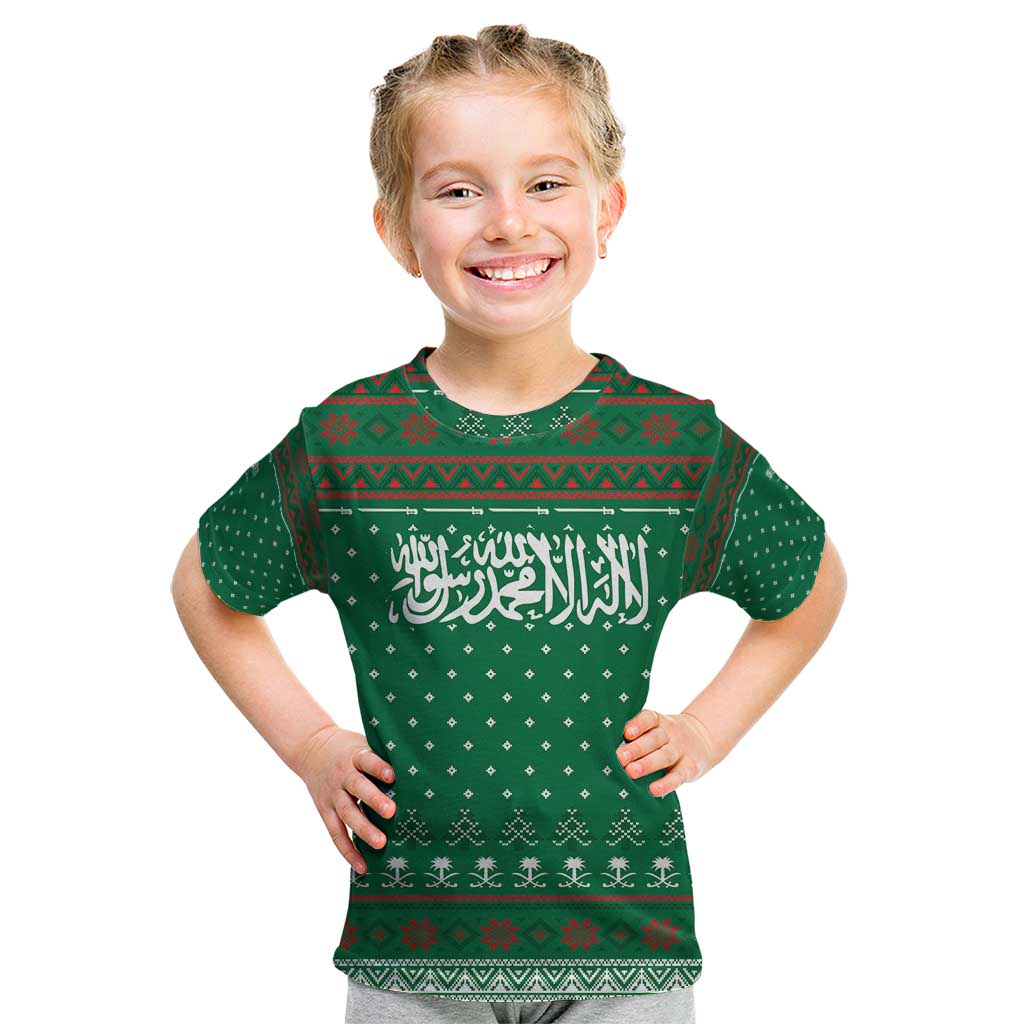 Saudi Arabia Christmas Kid T Shirt with Green Pattern, Traditional Script Motif, and Camel Caravan Silhouette - Wonder Print Shop