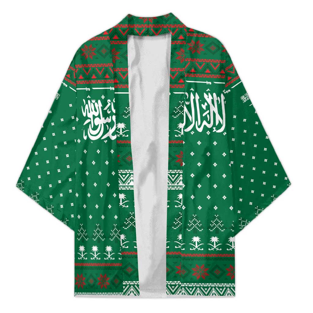 Saudi Arabia Christmas Kimono with Green Pattern, Traditional Script Motif, and Camel Caravan Silhouette - Wonder Print Shop