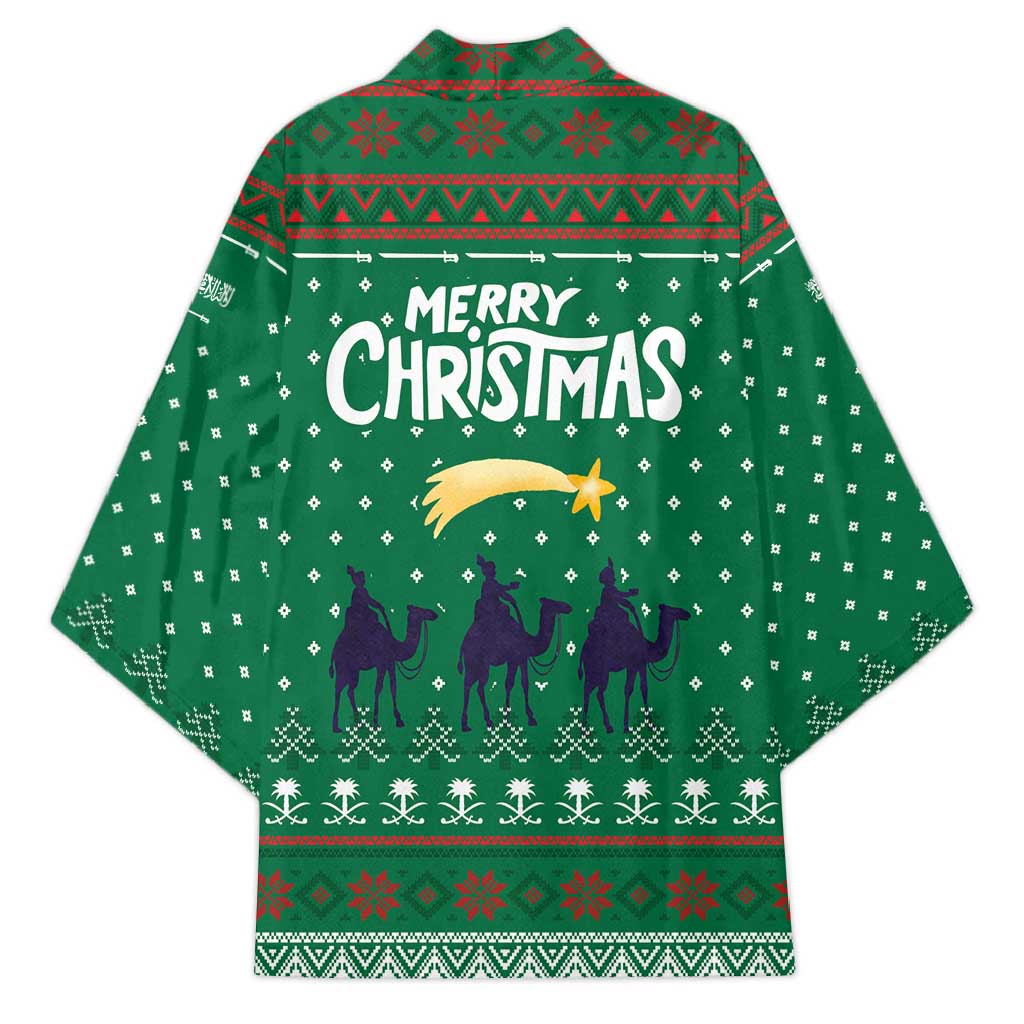 Saudi Arabia Christmas Kimono with Green Pattern, Traditional Script Motif, and Camel Caravan Silhouette - Wonder Print Shop