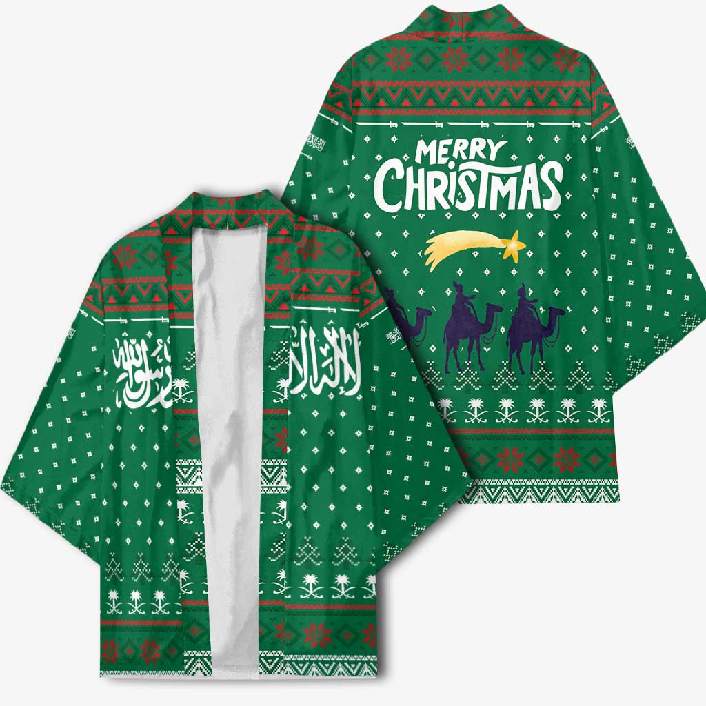 Saudi Arabia Christmas Kimono with Green Pattern, Traditional Script Motif, and Camel Caravan Silhouette - Wonder Print Shop