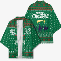 Saudi Arabia Christmas Kimono with Green Pattern, Traditional Script Motif, and Camel Caravan Silhouette - Wonder Print Shop