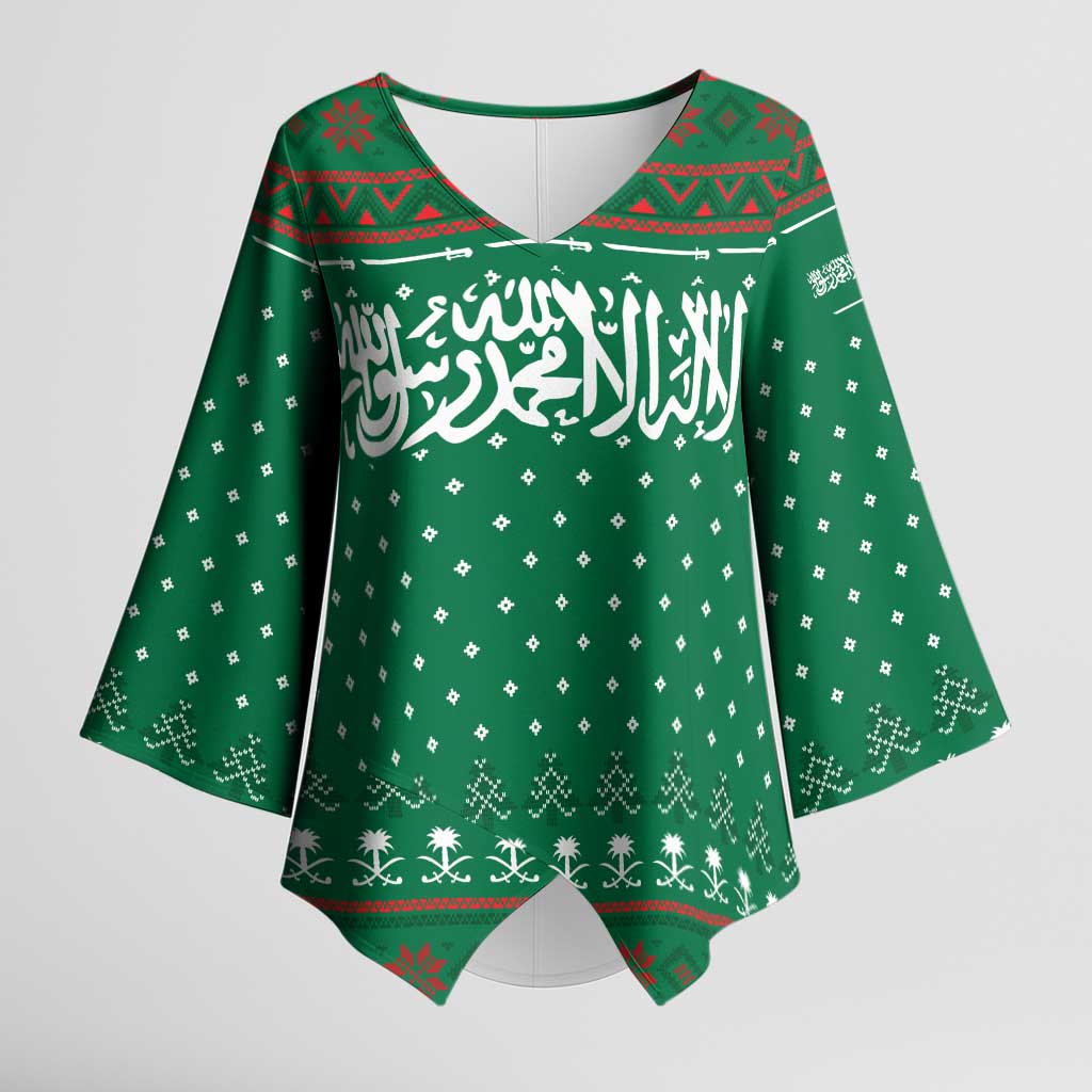 Saudi Arabia Christmas Kimono Sleeve Blouse with Green Pattern, Traditional Script Motif, and Camel Caravan Silhouette - Wonder Print Shop