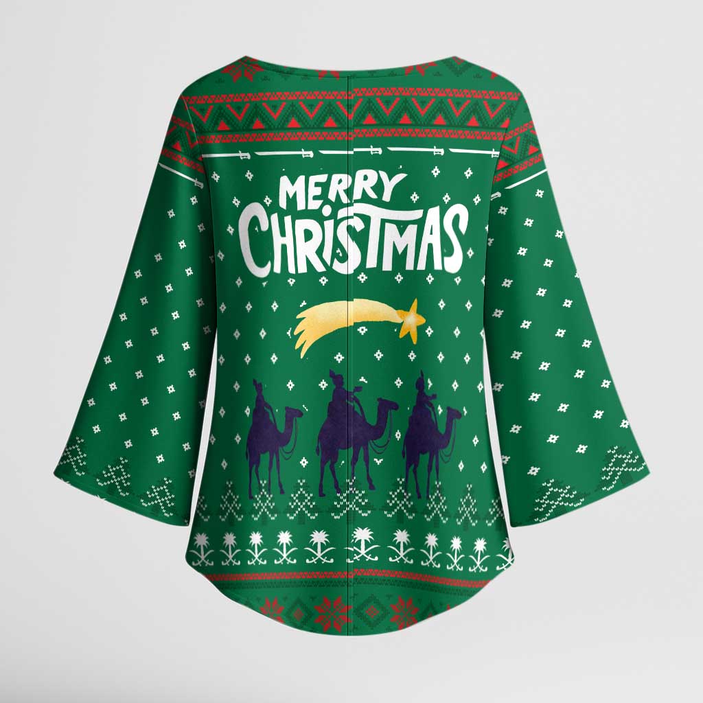 Saudi Arabia Christmas Kimono Sleeve Blouse with Green Pattern, Traditional Script Motif, and Camel Caravan Silhouette - Wonder Print Shop