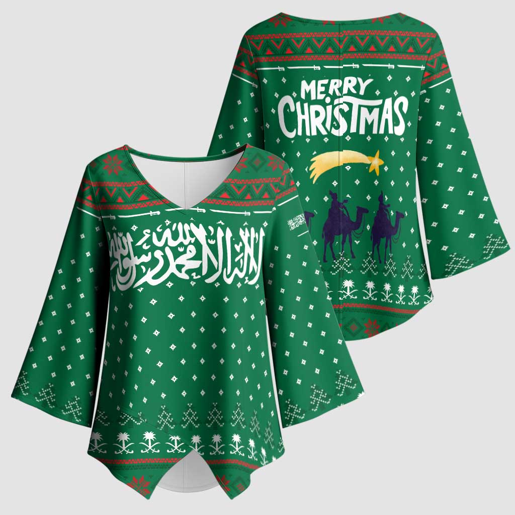 Saudi Arabia Christmas Kimono Sleeve Blouse with Green Pattern, Traditional Script Motif, and Camel Caravan Silhouette - Wonder Print Shop