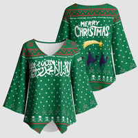 Saudi Arabia Christmas Kimono Sleeve Blouse with Green Pattern, Traditional Script Motif, and Camel Caravan Silhouette - Wonder Print Shop