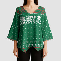 Saudi Arabia Christmas Kimono Sleeve Blouse with Green Pattern, Traditional Script Motif, and Camel Caravan Silhouette - Wonder Print Shop