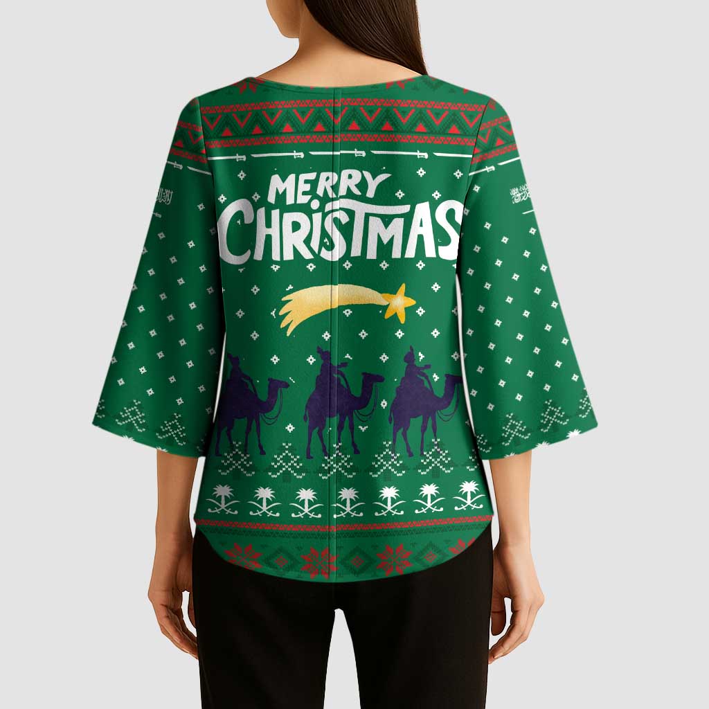Saudi Arabia Christmas Kimono Sleeve Blouse with Green Pattern, Traditional Script Motif, and Camel Caravan Silhouette - Wonder Print Shop