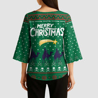 Saudi Arabia Christmas Kimono Sleeve Blouse with Green Pattern, Traditional Script Motif, and Camel Caravan Silhouette - Wonder Print Shop
