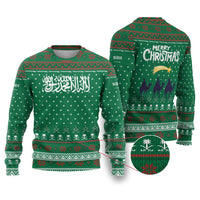 Saudi Arabia Christmas Ugly Christmas Sweater with Green Pattern, Traditional Script Motif, and Camel Caravan Silhouette - Wonder Print Shop