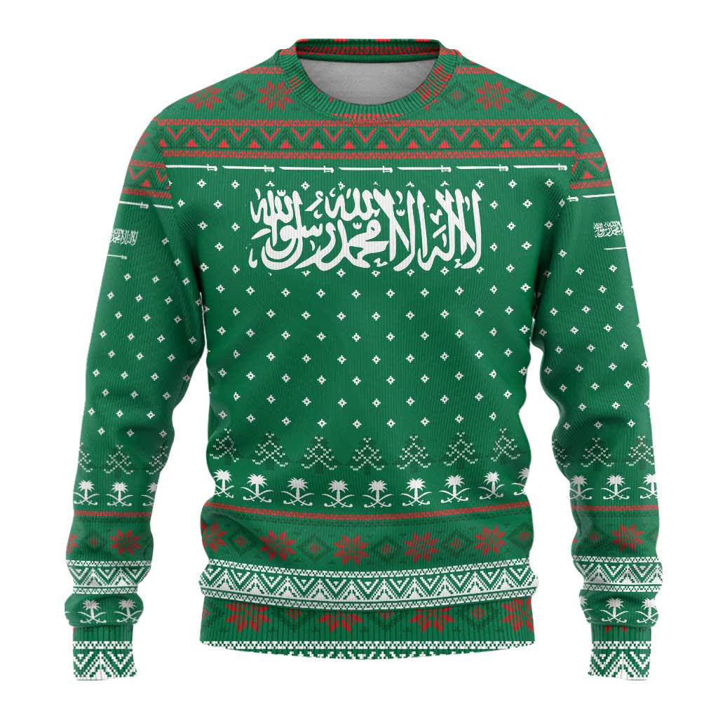 Saudi Arabia Christmas Ugly Christmas Sweater with Green Pattern, Traditional Script Motif, and Camel Caravan Silhouette - Wonder Print Shop
