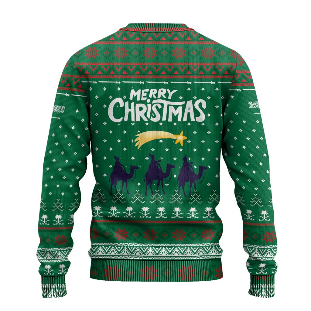 Saudi Arabia Christmas Ugly Christmas Sweater with Green Pattern, Traditional Script Motif, and Camel Caravan Silhouette - Wonder Print Shop