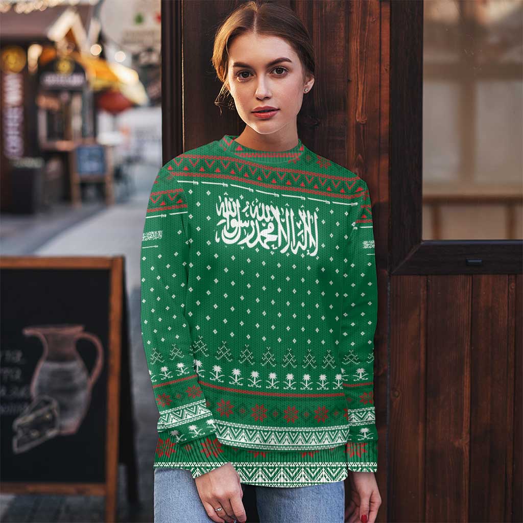 Saudi Arabia Christmas Ugly Christmas Sweater with Green Pattern, Traditional Script Motif, and Camel Caravan Silhouette - Wonder Print Shop