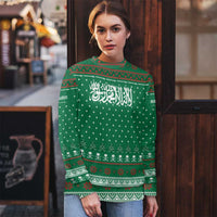 Saudi Arabia Christmas Ugly Christmas Sweater with Green Pattern, Traditional Script Motif, and Camel Caravan Silhouette - Wonder Print Shop