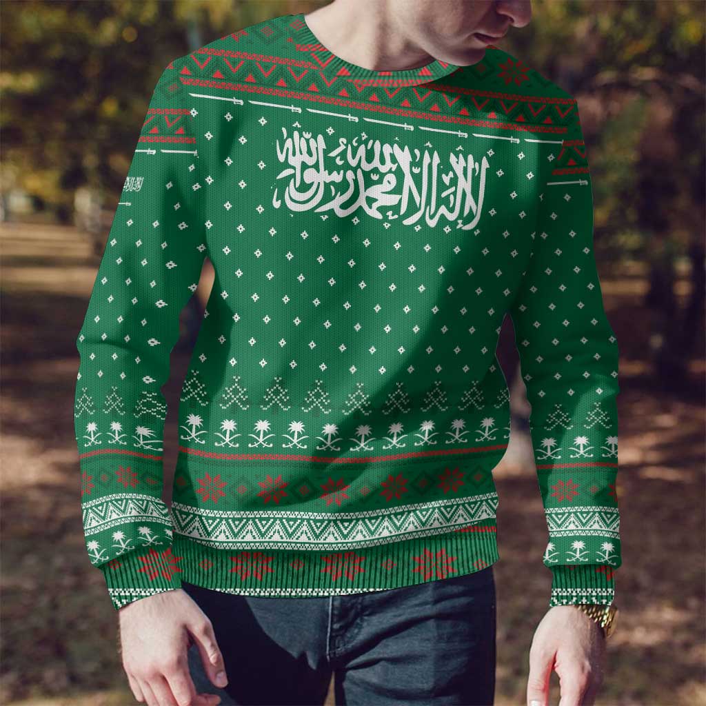 Saudi Arabia Christmas Ugly Christmas Sweater with Green Pattern, Traditional Script Motif, and Camel Caravan Silhouette - Wonder Print Shop