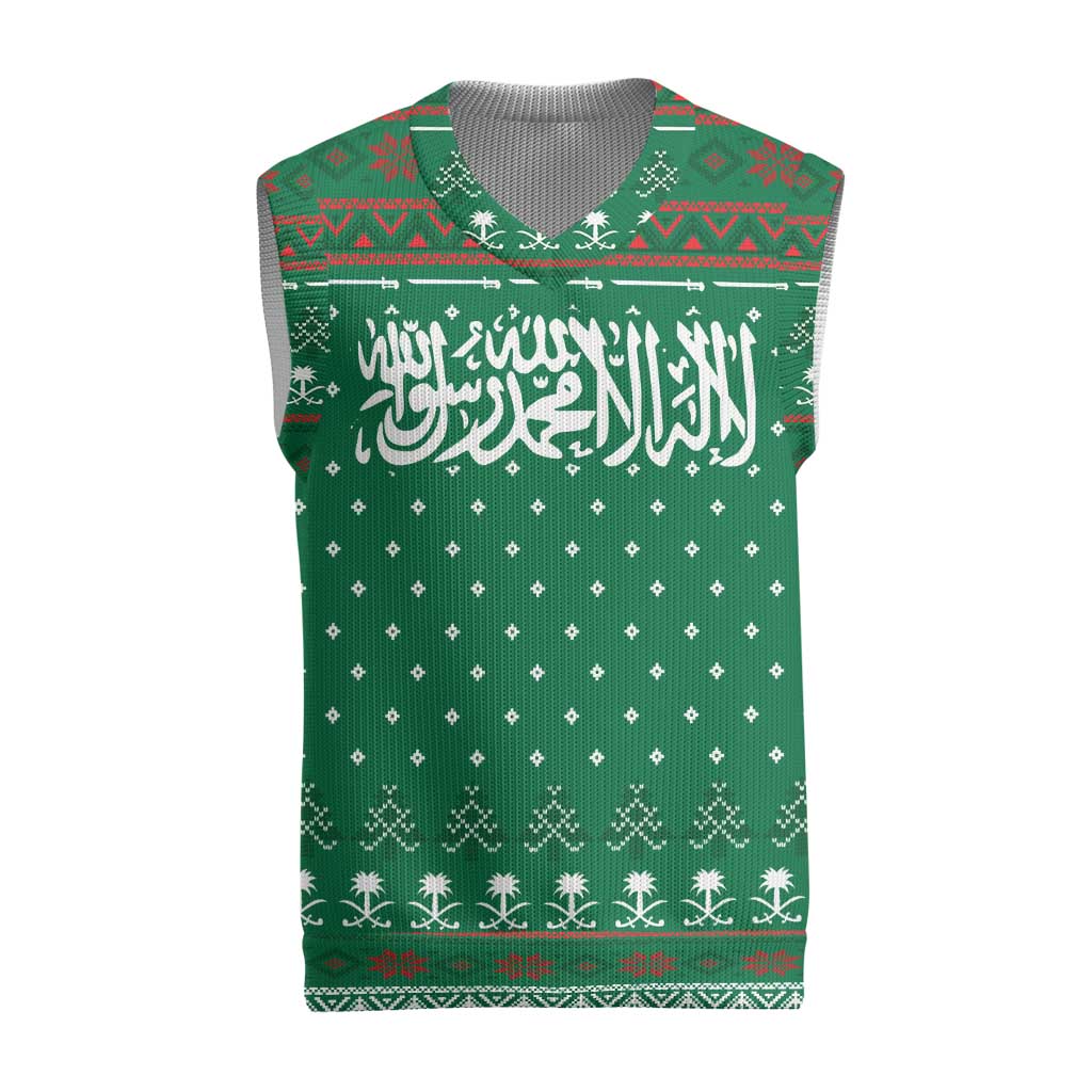 Saudi Arabia Christmas Knitted V-Neck Vest with Green Pattern, Traditional Script Motif, and Camel Caravan Silhouette - Wonder Print Shop