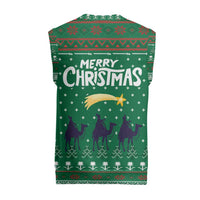 Saudi Arabia Christmas Knitted V-Neck Vest with Green Pattern, Traditional Script Motif, and Camel Caravan Silhouette - Wonder Print Shop