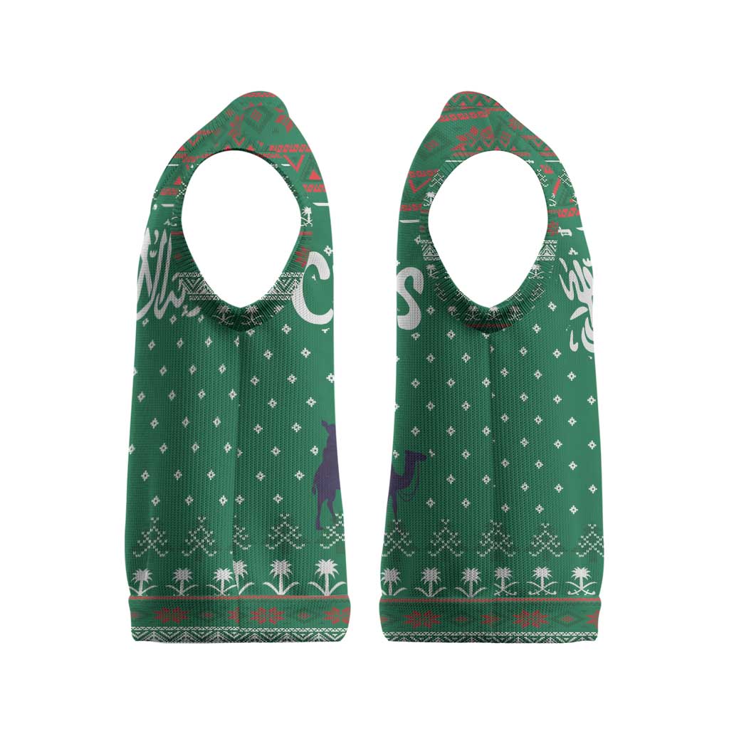 Saudi Arabia Christmas Knitted V-Neck Vest with Green Pattern, Traditional Script Motif, and Camel Caravan Silhouette - Wonder Print Shop