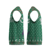Saudi Arabia Christmas Knitted V-Neck Vest with Green Pattern, Traditional Script Motif, and Camel Caravan Silhouette - Wonder Print Shop