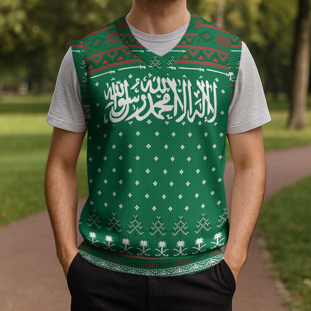 Saudi Arabia Christmas Knitted V-Neck Vest with Green Pattern, Traditional Script Motif, and Camel Caravan Silhouette - Wonder Print Shop