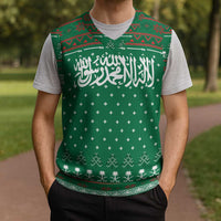 Saudi Arabia Christmas Knitted V-Neck Vest with Green Pattern, Traditional Script Motif, and Camel Caravan Silhouette - Wonder Print Shop