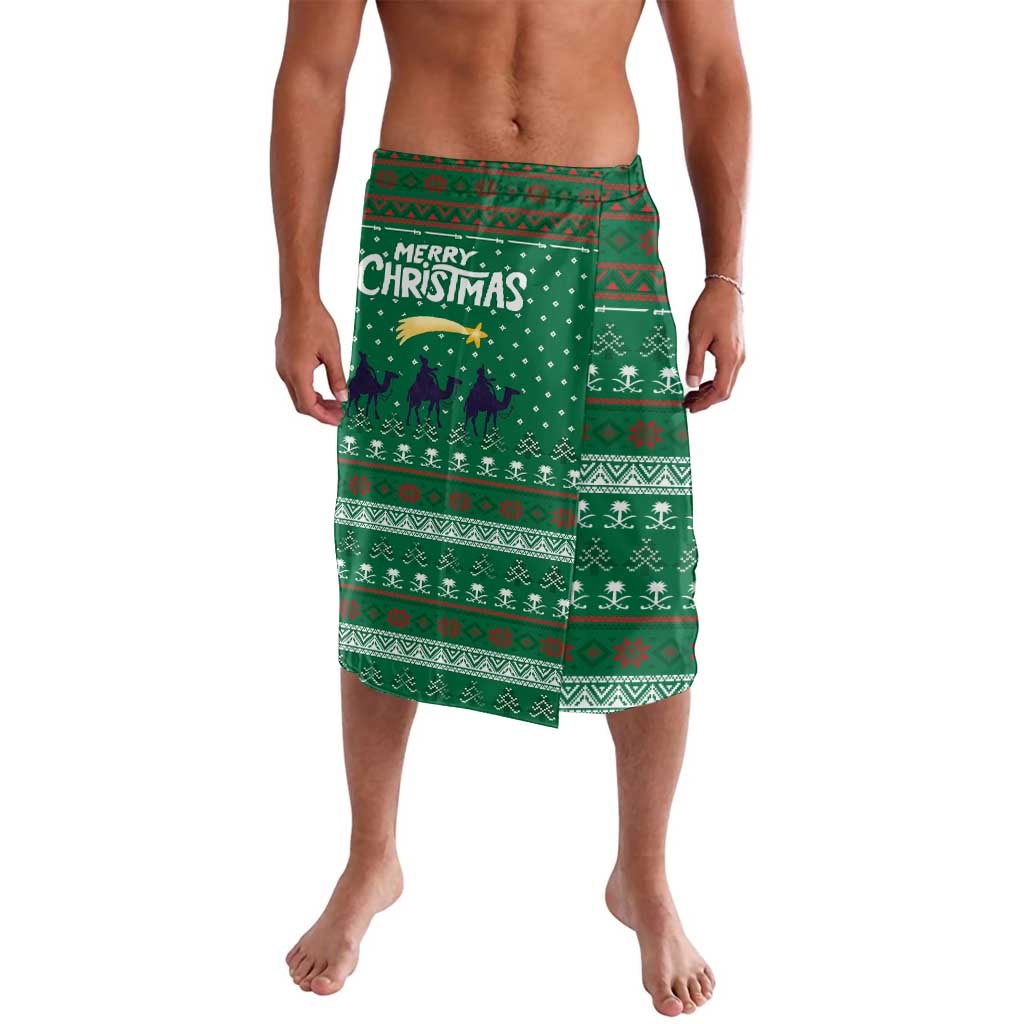 Saudi Arabia Christmas Lavalava with Green Pattern, Traditional Script Motif, and Camel Caravan Silhouette - Wonder Print Shop