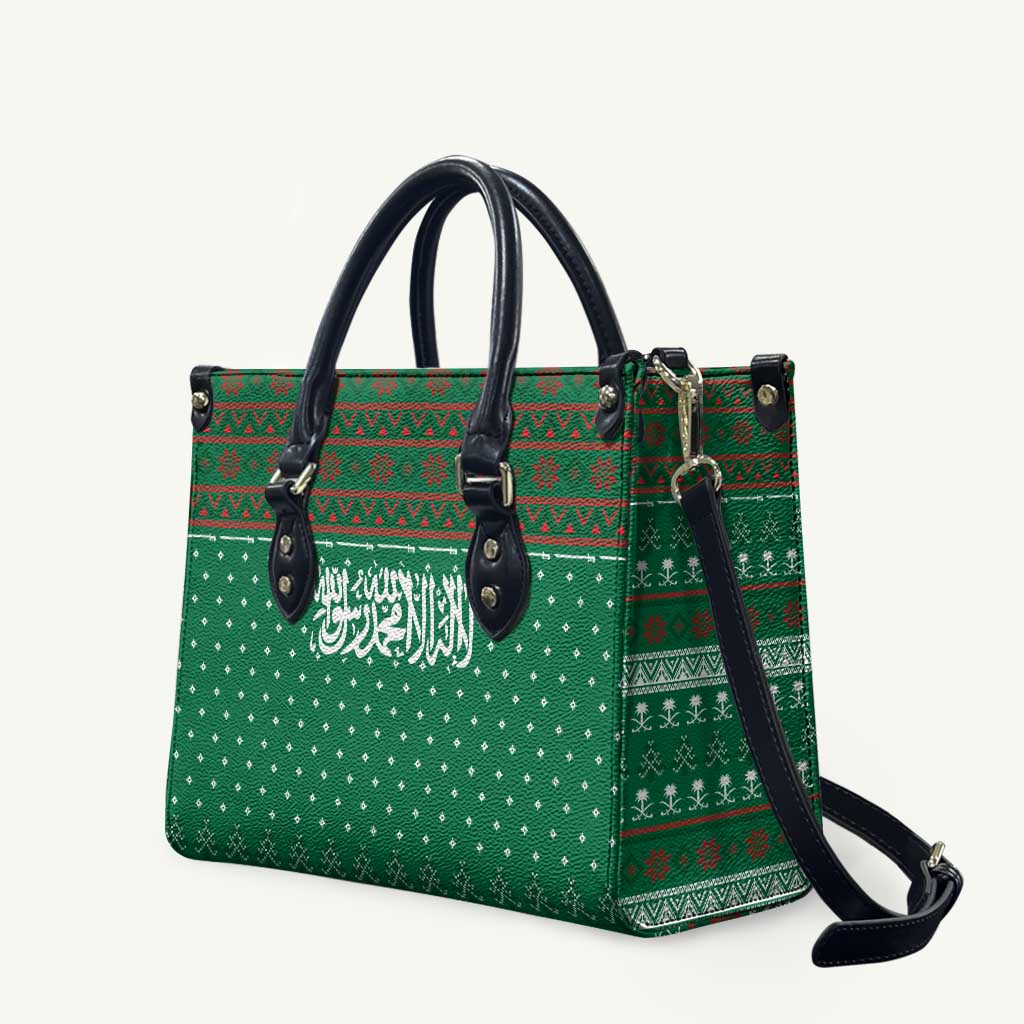 Saudi Arabia Christmas Leather Bag with Green Pattern, Traditional Script Motif, and Camel Caravan Silhouette - Wonder Print Shop