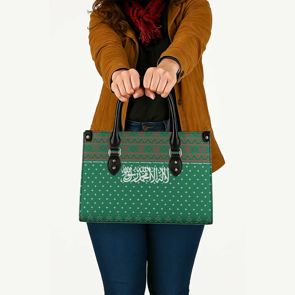 Saudi Arabia Christmas Leather Bag with Green Pattern, Traditional Script Motif, and Camel Caravan Silhouette - Wonder Print Shop