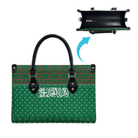 Saudi Arabia Christmas Leather Bag with Green Pattern, Traditional Script Motif, and Camel Caravan Silhouette - Wonder Print Shop