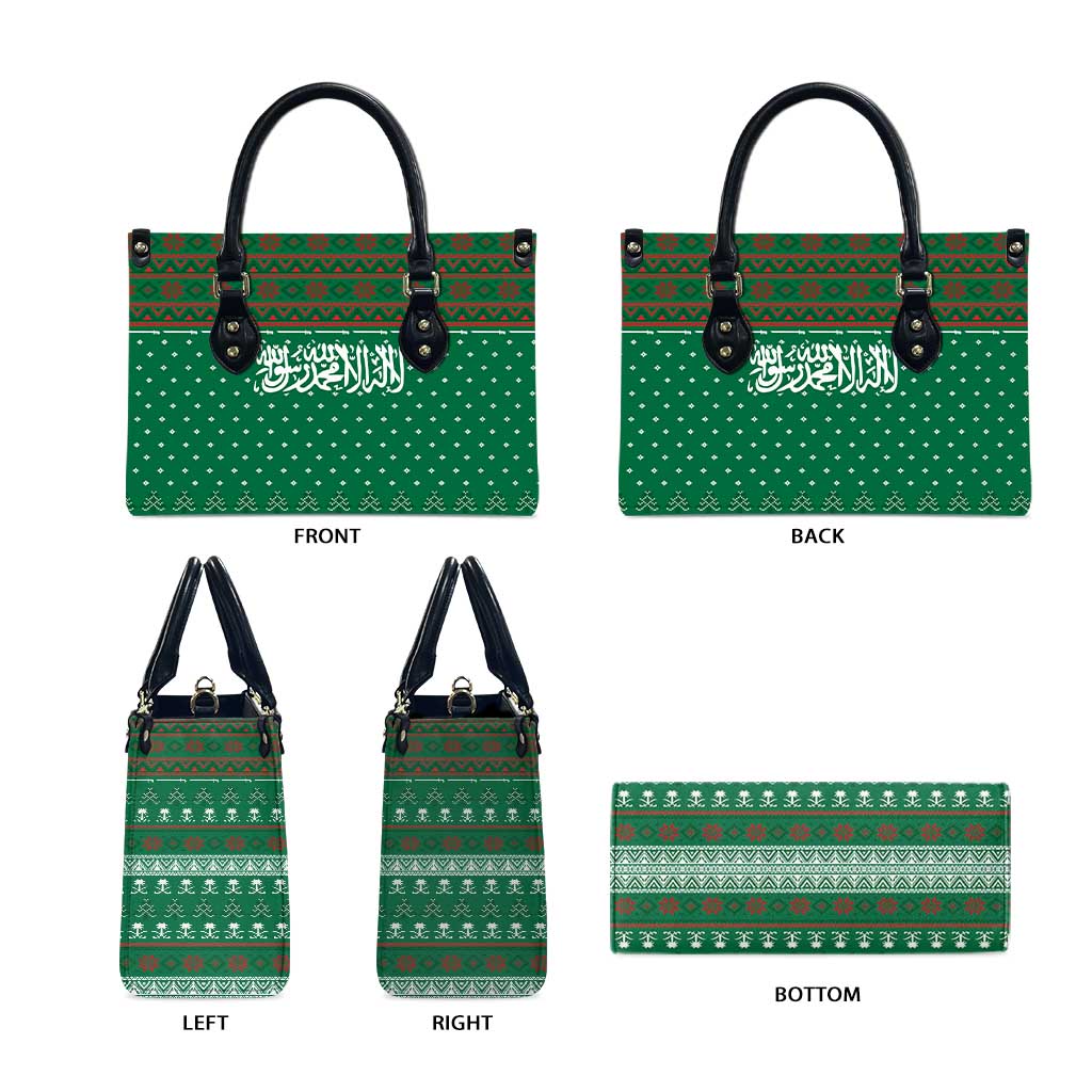 Saudi Arabia Christmas Leather Bag with Green Pattern, Traditional Script Motif, and Camel Caravan Silhouette - Wonder Print Shop