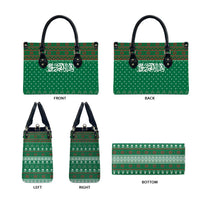 Saudi Arabia Christmas Leather Bag with Green Pattern, Traditional Script Motif, and Camel Caravan Silhouette - Wonder Print Shop