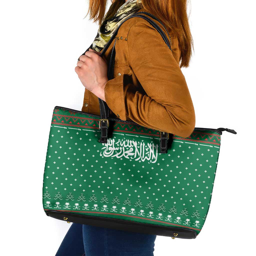 Saudi Arabia Christmas Leather Tote Bag with Green Pattern, Traditional Script Motif, and Camel Caravan Silhouette - Wonder Print Shop