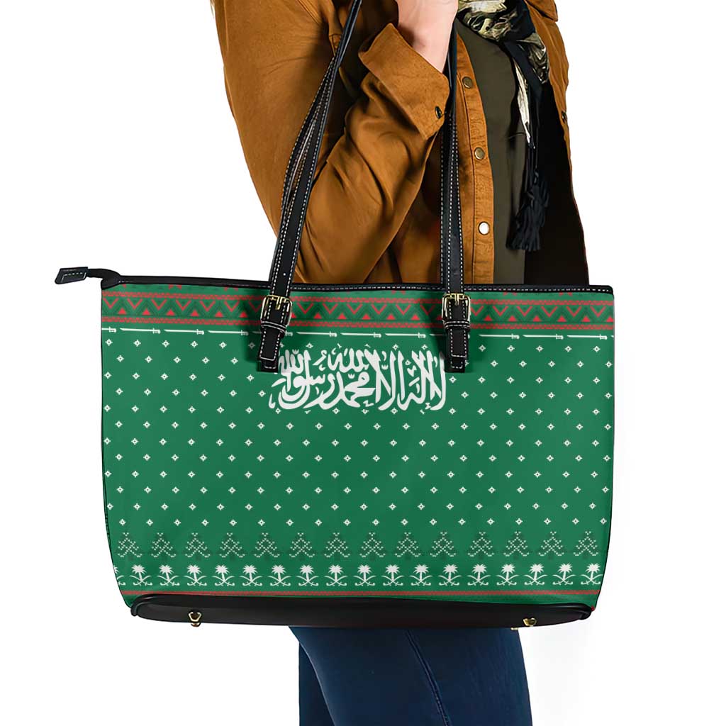 Saudi Arabia Christmas Leather Tote Bag with Green Pattern, Traditional Script Motif, and Camel Caravan Silhouette - Wonder Print Shop