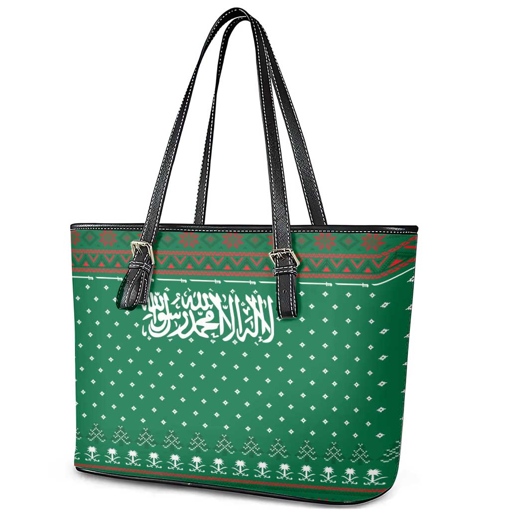 Saudi Arabia Christmas Leather Tote Bag with Green Pattern, Traditional Script Motif, and Camel Caravan Silhouette - Wonder Print Shop