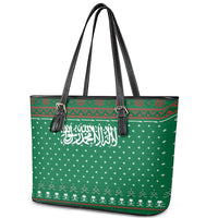 Saudi Arabia Christmas Leather Tote Bag with Green Pattern, Traditional Script Motif, and Camel Caravan Silhouette - Wonder Print Shop
