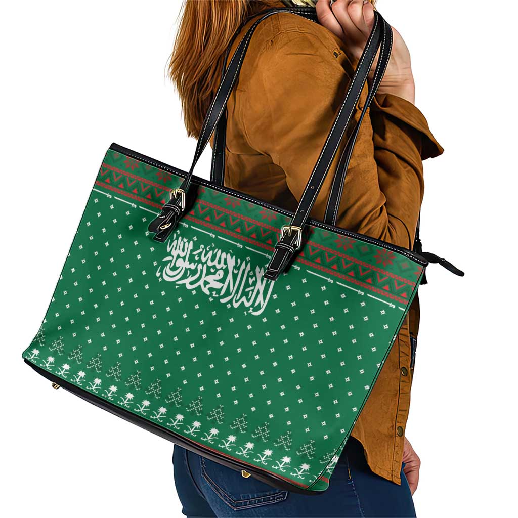 Saudi Arabia Christmas Leather Tote Bag with Green Pattern, Traditional Script Motif, and Camel Caravan Silhouette - Wonder Print Shop