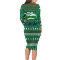 Saudi Arabia Christmas Long Sleeve Bodycon Dress with Green Pattern, Traditional Script Motif, and Camel Caravan Silhouette - Wonder Print Shop
