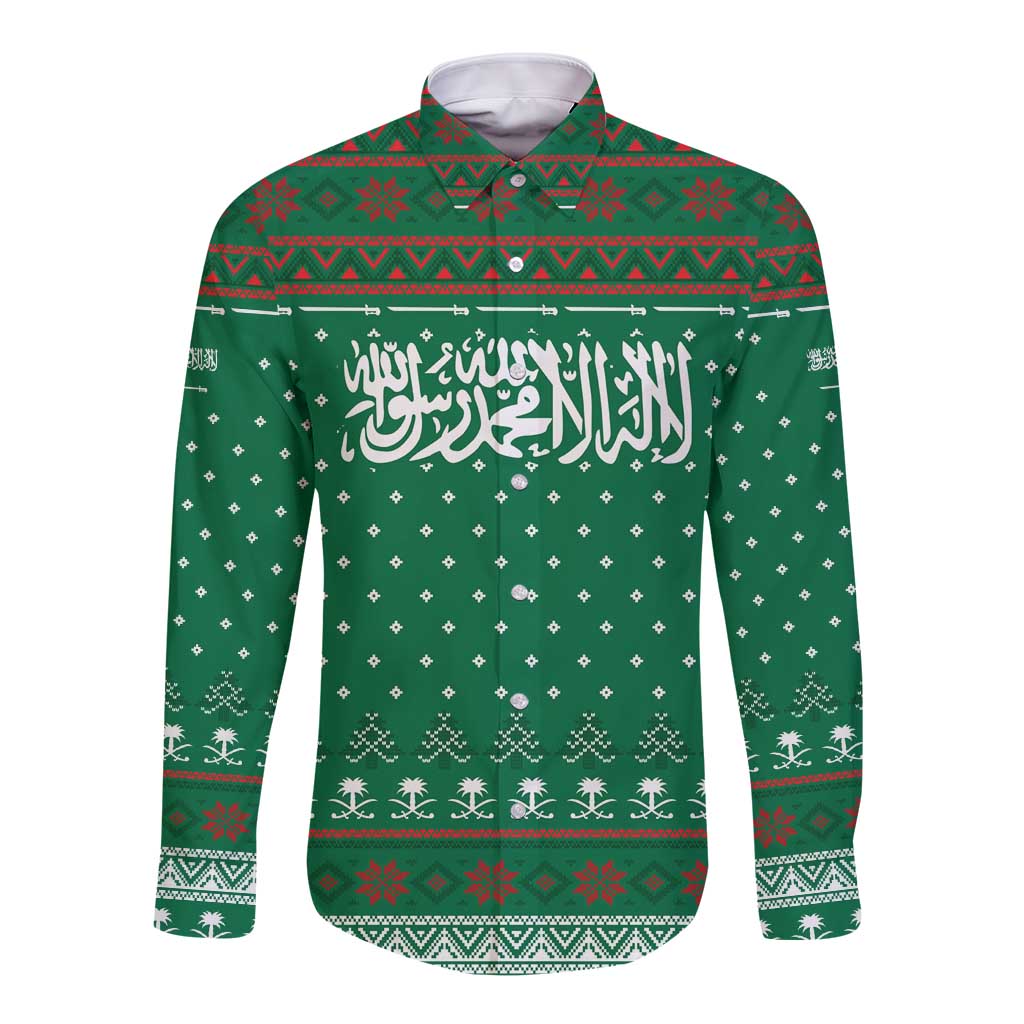 Saudi Arabia Christmas Long Sleeve Button Shirt with Green Pattern, Traditional Script Motif, and Camel Caravan Silhouette - Wonder Print Shop
