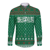 Saudi Arabia Christmas Long Sleeve Button Shirt with Green Pattern, Traditional Script Motif, and Camel Caravan Silhouette - Wonder Print Shop