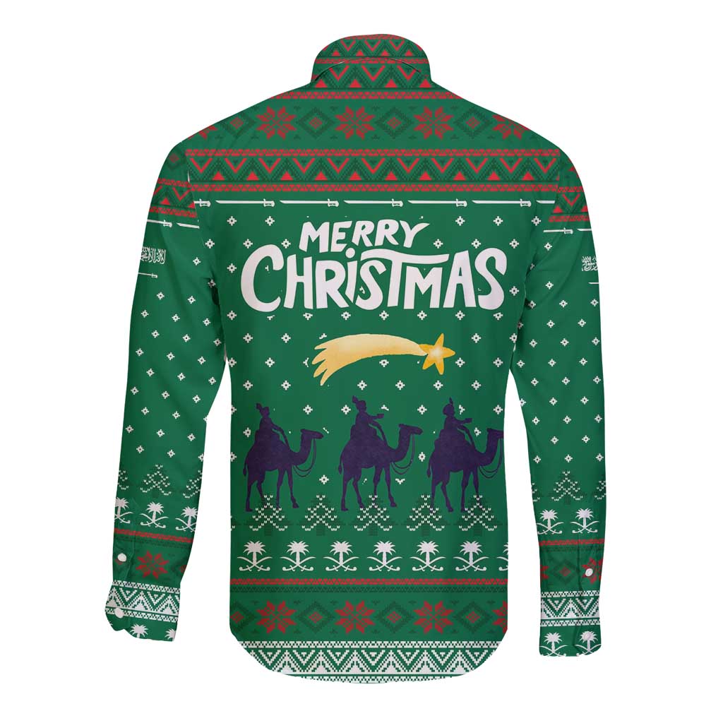 Saudi Arabia Christmas Long Sleeve Button Shirt with Green Pattern, Traditional Script Motif, and Camel Caravan Silhouette - Wonder Print Shop
