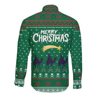 Saudi Arabia Christmas Long Sleeve Button Shirt with Green Pattern, Traditional Script Motif, and Camel Caravan Silhouette - Wonder Print Shop