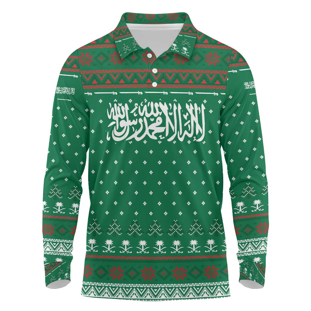 Saudi Arabia Christmas Long Sleeve Polo Shirt with Green Pattern, Traditional Script Motif, and Camel Caravan Silhouette - Wonder Print Shop
