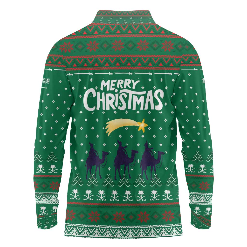 Saudi Arabia Christmas Long Sleeve Polo Shirt with Green Pattern, Traditional Script Motif, and Camel Caravan Silhouette - Wonder Print Shop