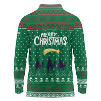 Saudi Arabia Christmas Long Sleeve Polo Shirt with Green Pattern, Traditional Script Motif, and Camel Caravan Silhouette - Wonder Print Shop