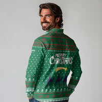Saudi Arabia Christmas Long Sleeve Polo Shirt with Green Pattern, Traditional Script Motif, and Camel Caravan Silhouette - Wonder Print Shop