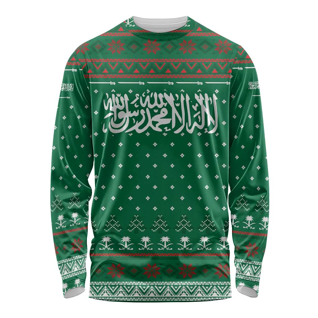 Saudi Arabia Christmas Long Sleeve Shirt with Green Pattern, Traditional Script Motif, and Camel Caravan Silhouette - Wonder Print Shop