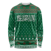 Saudi Arabia Christmas Long Sleeve Shirt with Green Pattern, Traditional Script Motif, and Camel Caravan Silhouette - Wonder Print Shop