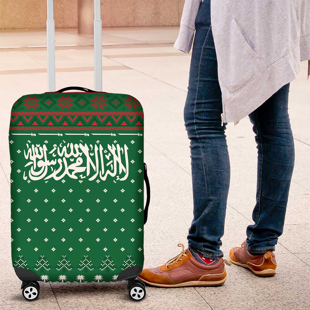 Saudi Arabia Christmas Luggage Cover with Green Pattern, Traditional Script Motif, and Camel Caravan Silhouette - Wonder Print Shop