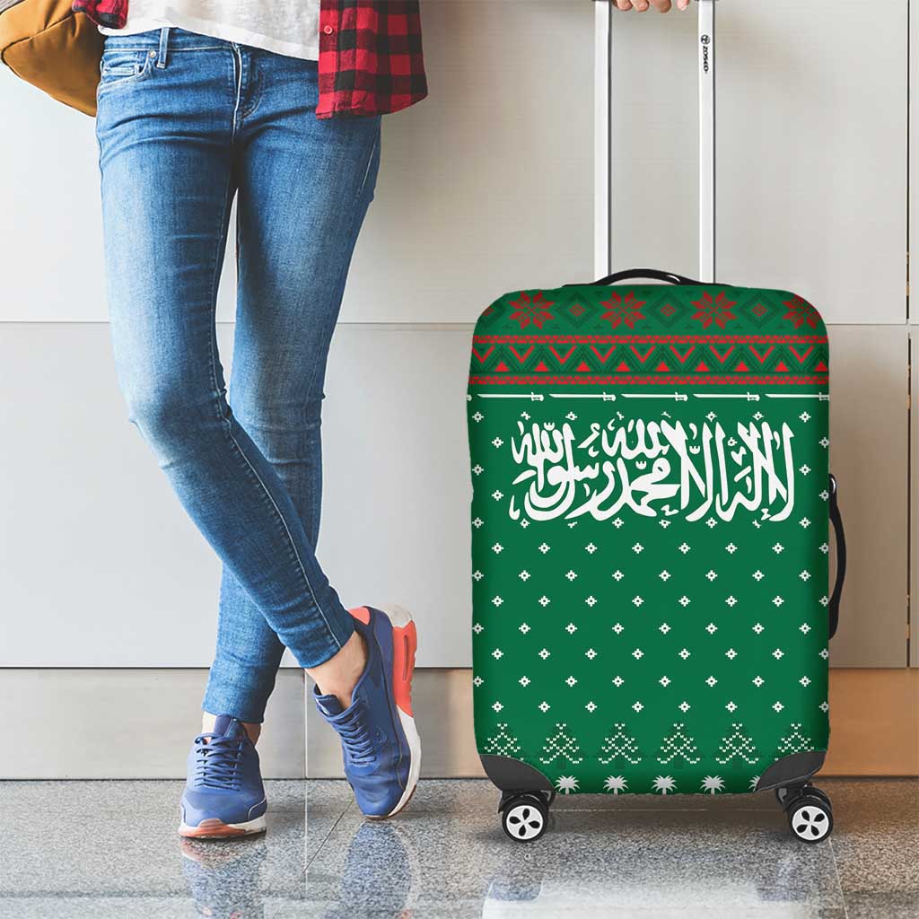 Saudi Arabia Christmas Luggage Cover with Green Pattern, Traditional Script Motif, and Camel Caravan Silhouette - Wonder Print Shop