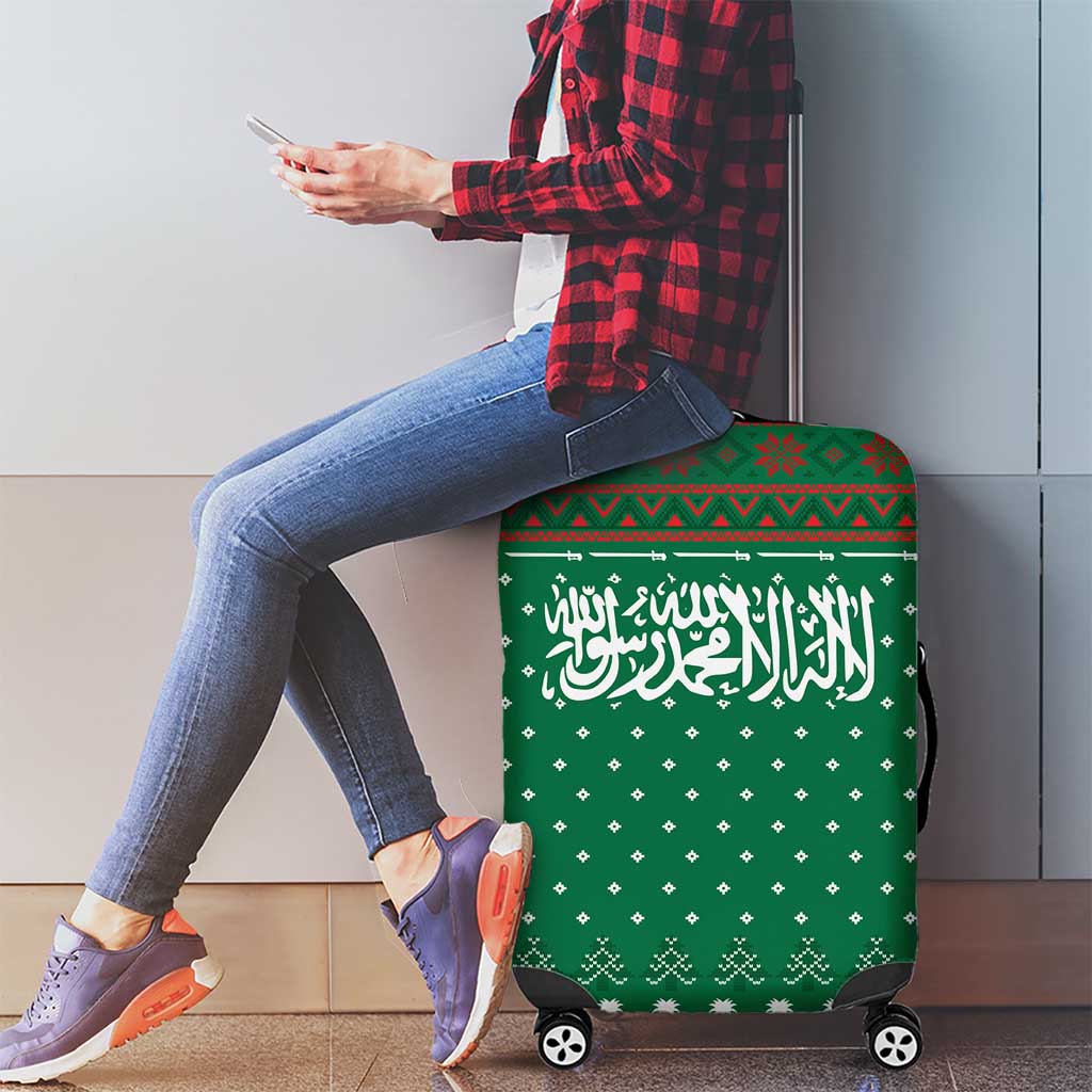Saudi Arabia Christmas Luggage Cover with Green Pattern, Traditional Script Motif, and Camel Caravan Silhouette - Wonder Print Shop