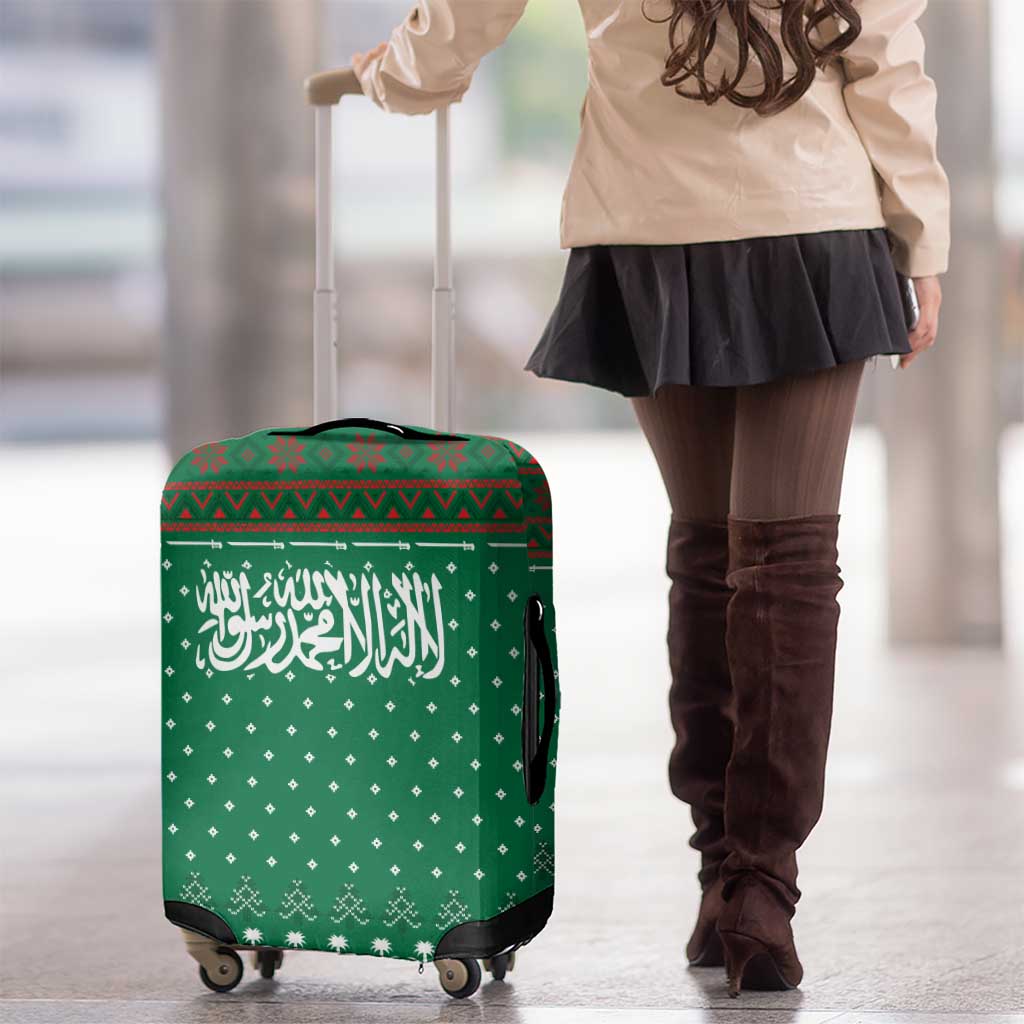 Saudi Arabia Christmas Luggage Cover with Green Pattern, Traditional Script Motif, and Camel Caravan Silhouette - Wonder Print Shop